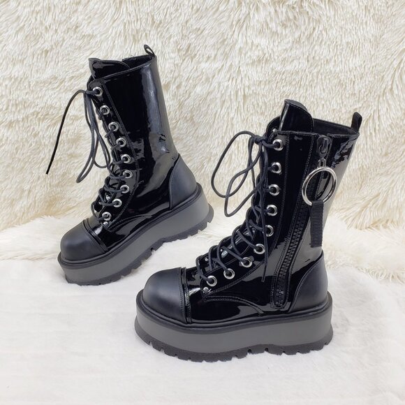 Patent Matte Platform Mid Calf Goth Punk Boots - Picture 9 of 14